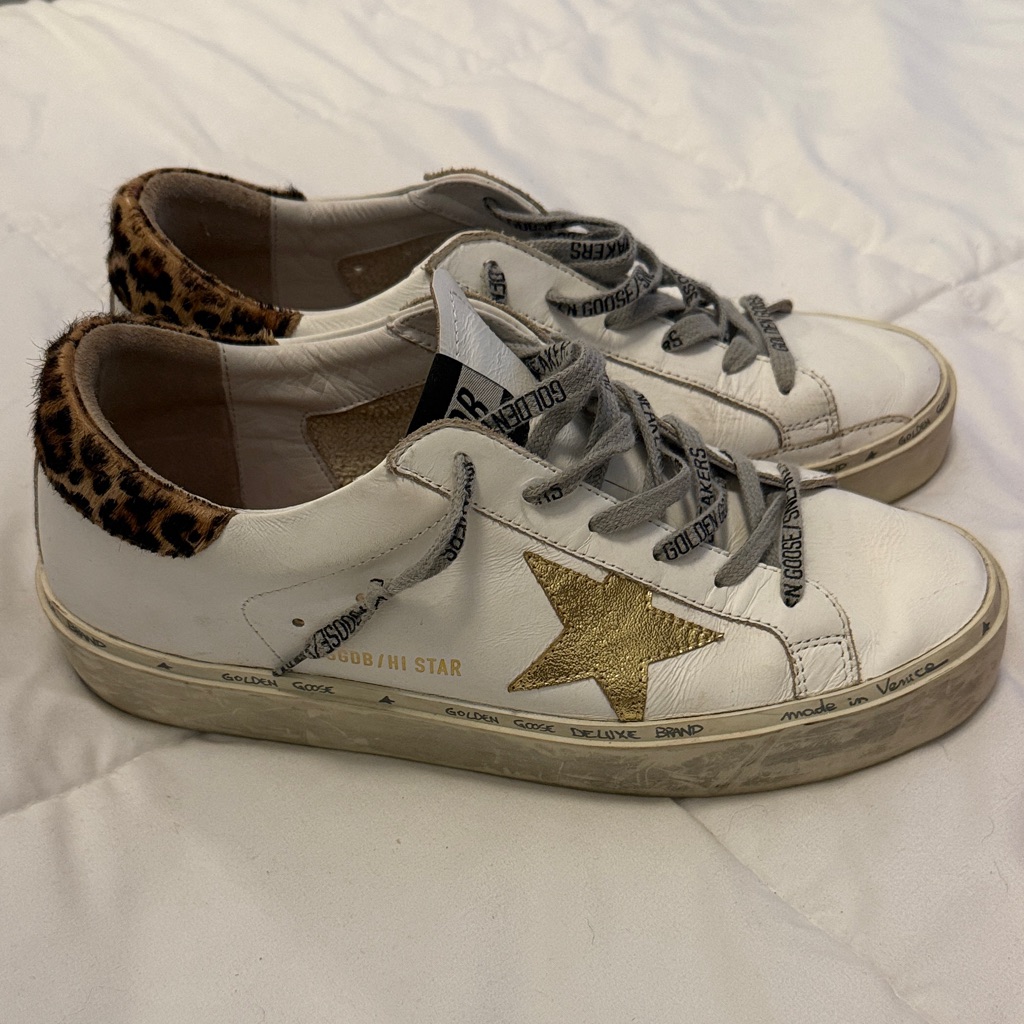 Authentic Golden Goose Women's White And Gold Sneakers With Cheetah Detail